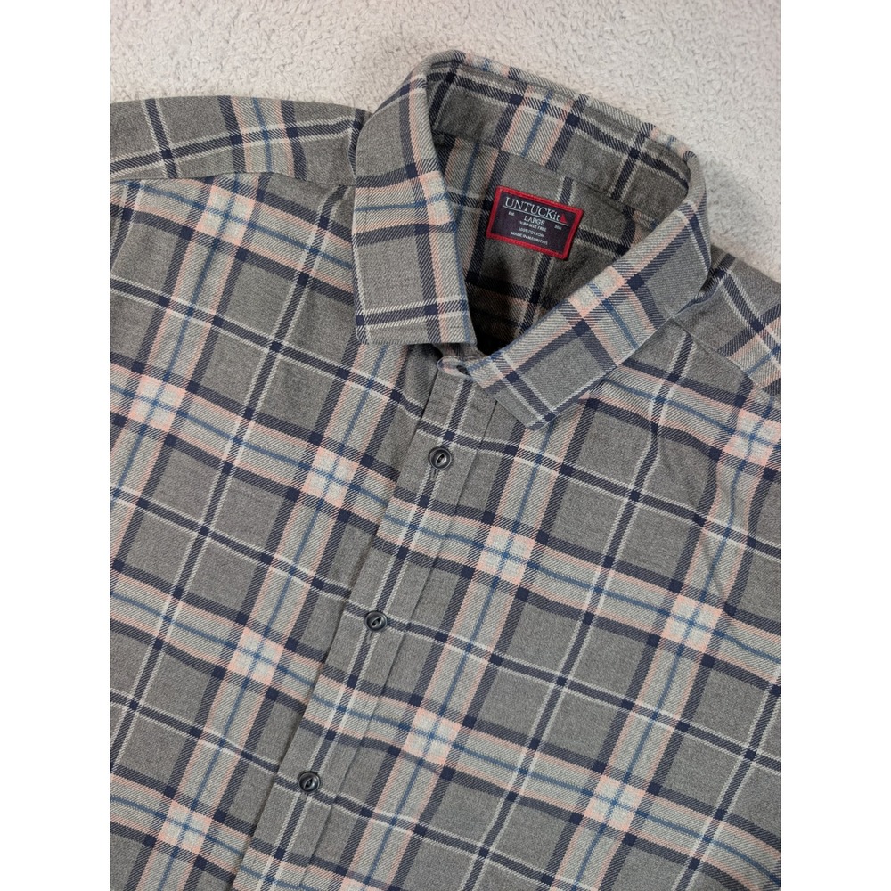 UNTUCKit Mens Large Grey Plaid Wrinkle Free Cotton Button Down Shirt Long Sleeve